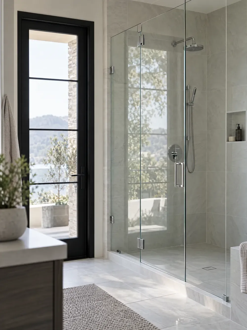 A bathroom with a frameless glass shower enclosure beside a new black-framed window.