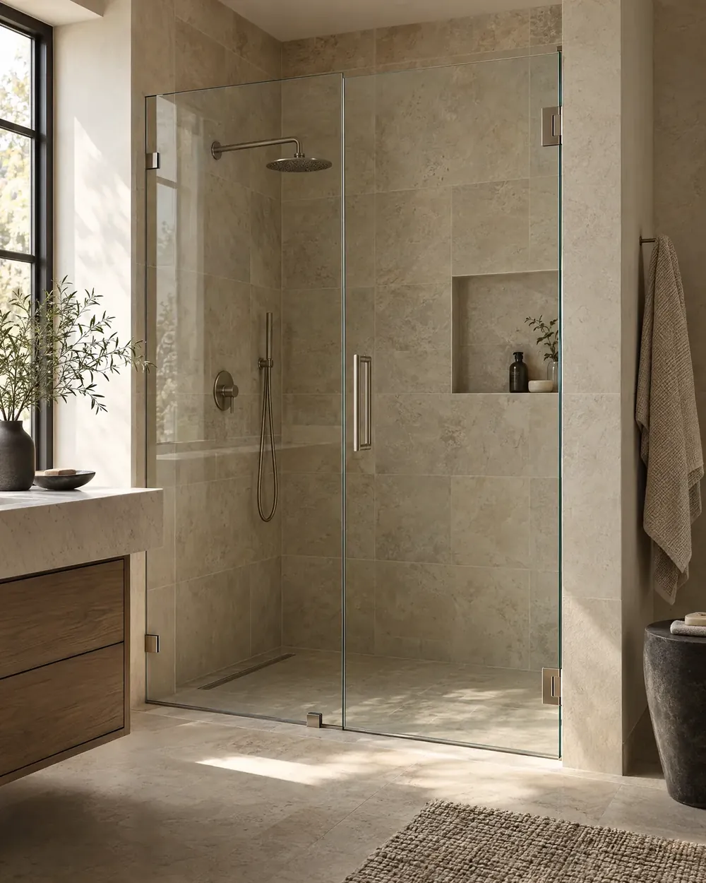 A modern frameless glass shower enclosure with a recessed niche in beige tile.